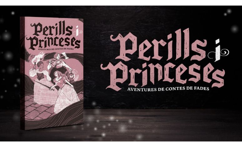 Muntatge fotogràfic amb la portada de Perills i princeses, de color blanc, negre i rosa, com la resta del llibre, on hi apareixen tres princeses aventureres que avancen pel que sembla un catau entre un espiral de flocs de cabell, com si fos la cua de la Rapunzel. Acompanya la portada un cartell de color rosa i blanc que diu "Perills i princeses: aventures de contes de fades" amb petits efectes com de pols d'estel flotant pel mig.